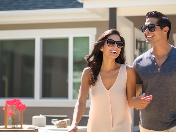 young couple standing near new home real estate concept