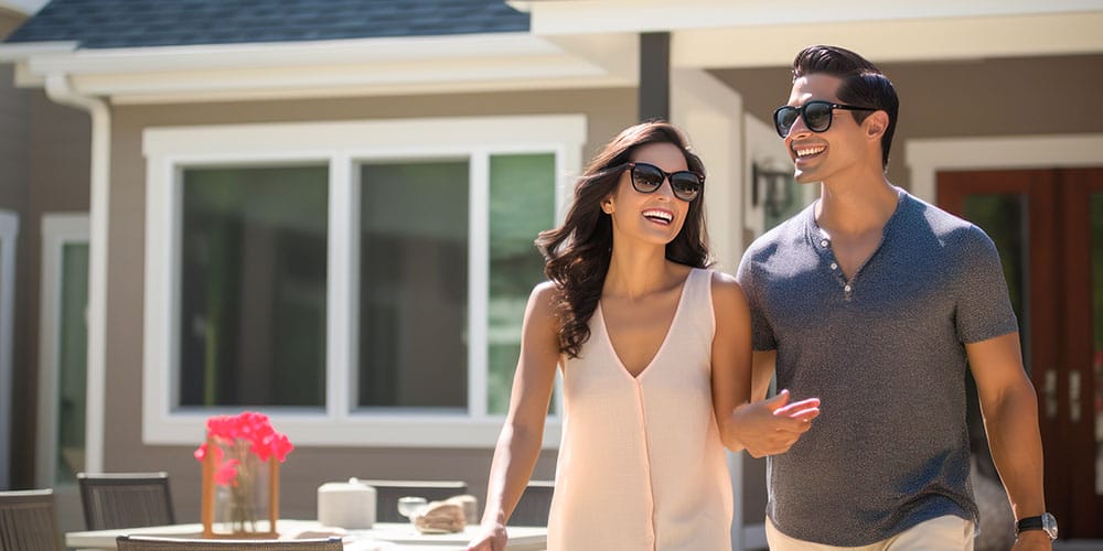 young couple standing near new home real estate concept